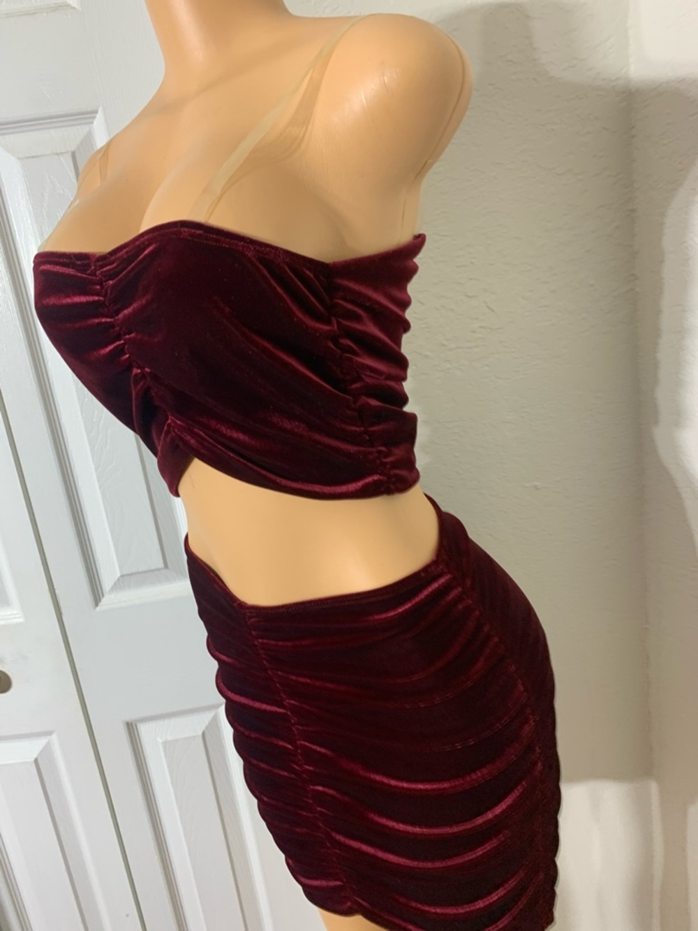 Velvet Ruched Burgundy Two-Piece Set - Picture 5 of 8